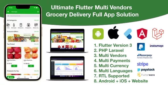 Grocery / Delivery Services / Ecommerce Multi Vendors(Android + iOS + Website) Flutter 3 / Laravel v2.0