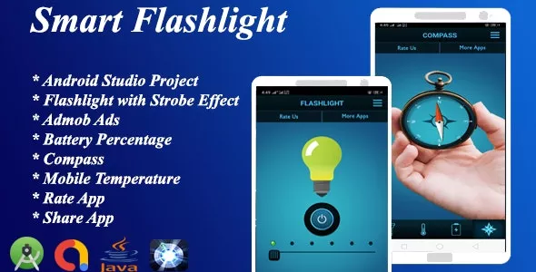 Smart Flashlight + Strobe Effect With Battery Percentage + Temperature + Composs