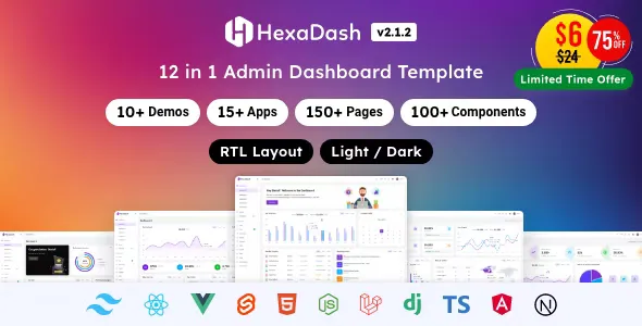 HexaDash v2.1.3 - Tailwind CSS, React, Svelte, Vue, Laravel, Nodejs, Django & HTML Admin Dashboard Template