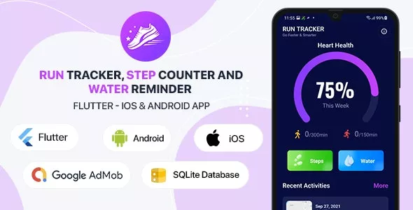 Run Tracker, Step Counter and Water Reminder v1.4 - Flutter Android & iOS App (20 Languages)