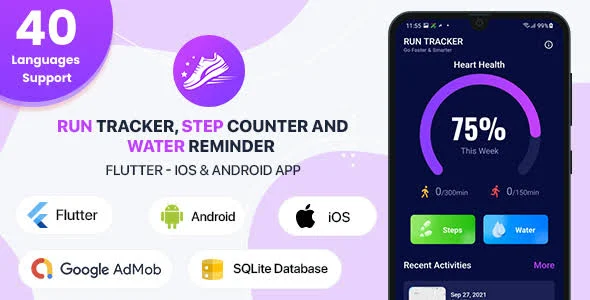 Run Tracker, Step Counter and Water Reminder - Flutter Android & iOS App (20 Languages)